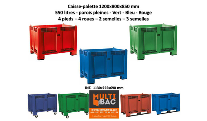 Caisse-palette 1200x800x850 mm couleur vert - Bleu - Rouge